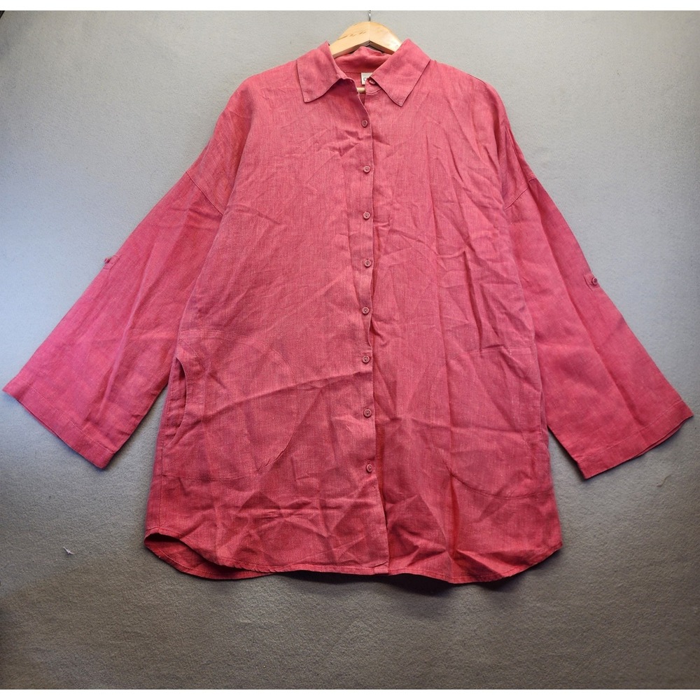 Chicos Linen Button Down Shirt Size 2 Large Pink Red Roll Tab Sleeve Tunic Linen - Picture 1 of 13